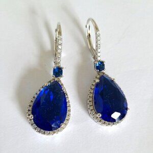 Sterling Silver Elegant Evening Blue Crystal Teardrop Party Drop Dangle Earrings